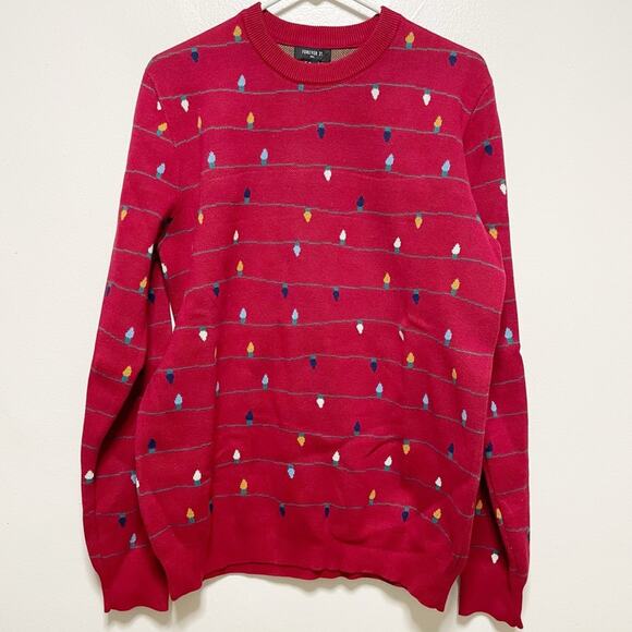 Forever 21 Red Crewneck Christmas Lights Print Sweater - Picture 1 of 7